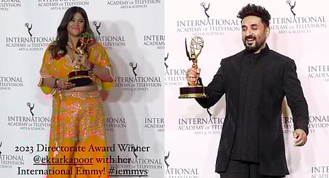 Ekta Kapoor and Vir Das with their International Emmy Award trophies (Photos | Instagram/AP)