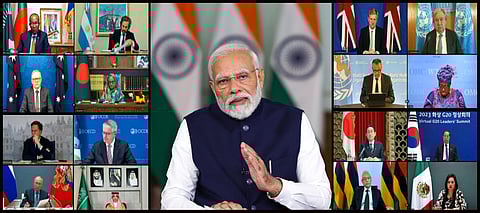 Prime Minister Narendra Modi addresses the G20 virtual summit, in New Delhi on Wednesday, November 22, 2023. (Photo | PTI)