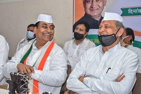 Rajasthan Chief Minister Ashok Gehlot with State PCC President Govind Singh Dotasra. (Photo | PTI)