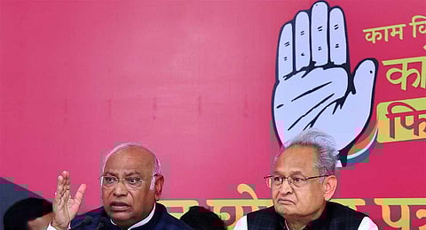 Congress President Mallikarjun Kharge with Rajasthan CM Ashok Gehlot addresses the press after releasing the party's manifesto for the State Assembly elections, in Jaipur, Tuesday, Nov. 21, 2023 (PTI)
