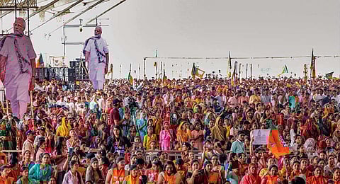 upporters during a public meeting addressed by Prime Minister Narendra Modi ahead of the Madhya Pradesh Assembly election, in Shajapur, Tuesday, Nov. 14, 2023. (PTI)
