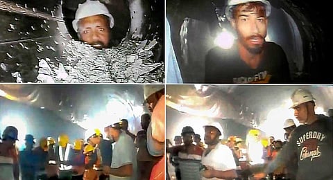 Visuals of workers trapped inside the Silkyara tunnel in Uttarkashi district, released by rescuers on Tuesday, Nov. 21, 2023. The visuals were captured using an endoscopic camera. (PTI)