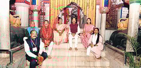 President Droupadi Murmu, Governor Raghubar Das, Union Education Minister Dharmendra Pradhan, Transport Minister Tukuni Sahu and others after having darshan at Maa Samaleswari temple in Sambalpur.