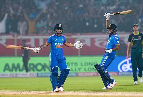 India's Rinku Singh and Mukesh Kumar celebrate after winning the first T20 International cricket match of a T20I series against Australia in Visakhapatnam on Thursday, Nov. 23, 2023. (Photo | PTI)