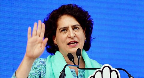 Congress General Secretary Priyanka Gandhi Vadra addresses a public meeting ahead of Rajasthan Assembly elections, in Shahpura, Wednesday, Nov. 22, 2023. (PTI)