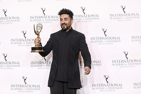 Vir Das poses in the press room with the Emmy for Best Comedy at the 51st International Emmy Awards at the New York Hilton Midtown on Nov. 20, 2023, in New York. (AP)