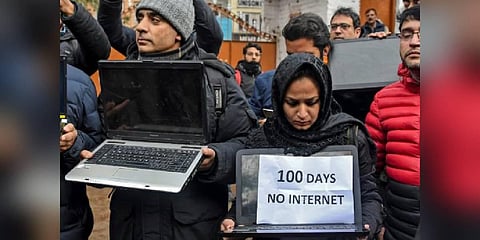 Kashmiri journalists protest against internet blockade put by India's government in Srinagar on October 12, 2019. For representational purpose. (Photo | AFP)