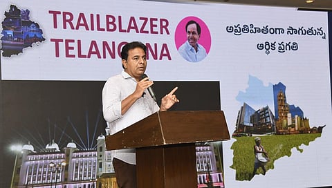 BRS working president KT Rama Rao makes a point during his hour-long presentation titled 'Trailblazer Telangana' in Hyderabad on Thursday. (Photo | EPS)