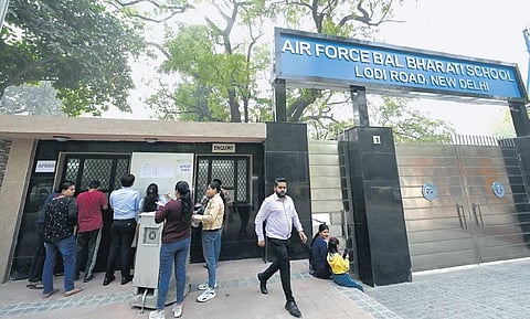 Parents at Air Force Bal Bharati School, Lodhi Road as the registration process for admission to nursery in private schools in the city began on Thursday | Express