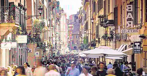 The bustling fashion district of Via Condetti in Rome.