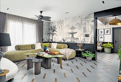 bedroom with textured wood panelling