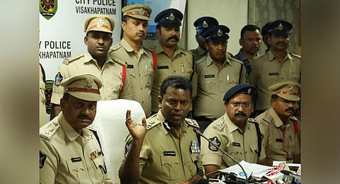 Commissioner of Police A Ravi Shankar addressing a media conference in Vizag on Saturday. (Photo | G Satyanarayana)