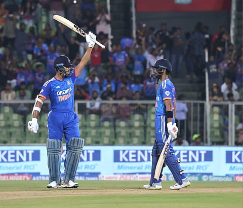 India's Yashasvi Jaiswal celebrate his half century during the second T20 cricket match against Australia.(Photo | BP Deepu, EPS)
