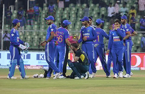 A disappointed Australian captain Mathew Wade during the victory celebrations of Indian team members at the 2nd T20 cricket match at Green Field International stadium. (Photo | B P Deepu)