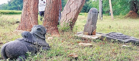 The ancient inscriptions, hero stones and idols unearthed at Cholemarri village in Sri Sathya Sai district. (Photo | Express)