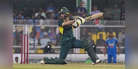 Australian batter Glenn Maxwell plays a shot during the 3rd T20 cricket match between India and Australia, at the ACA (Assam Cricket Association) Stadium in Guwahati. (Photo | PTI)