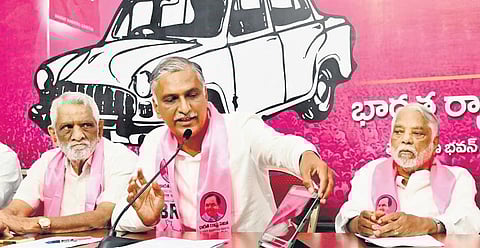 Finance and Health Minister  T Harish Rao at a press conference in Hyderabad on Monday. (Photo | Express)