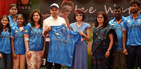 Kavita Singhania (C), Managing Director of EIPL, unveiling the Tamil Nadu pickleball team jersey for the upcoming national meet to  be held in Ahmedabad from December 1, in Chennai on Nov 28, 2023.