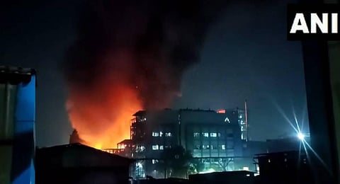 A mass fire broke out in a chemical factory in the Sachin Gidc area of Surat. Fire tenders are present at the spot. (Photo | ANI)