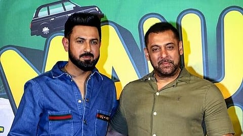 Salman Khan with Gippy Grewal at the trailer launch of the Punjabi film Maujaan Hi Maujaan in Mumbai in September 2023. (PTI)