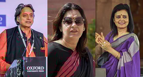 (L-R) A collage of Congress leader Shashi Tharoor, Shiv Sena (UBT) leader Priyanka Chaturvedi and TMC leader Mahua Moitra. (Photos | PTI)