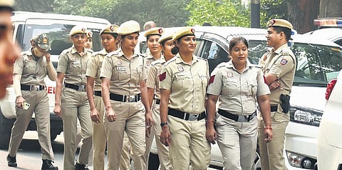 Security personnel deployed outside Arvind Kejriwal’s residence on Thursday when he was due to visit the ED office. (Photo | Parveen Negi)