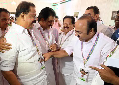 Leader of Opposition V D Satheesan playfully punches state Congress chief K Sudhakaran during the Chintan Shivir in Kozhikode on Sunday. (Photo | E Gokul)