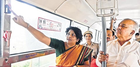Transport Minister Ramalinga Reddy with officials inspects the demonstration of SOS Panic Button in a BMTC bus in Bengaluru on Wednesday | Shashidhar Byrappa