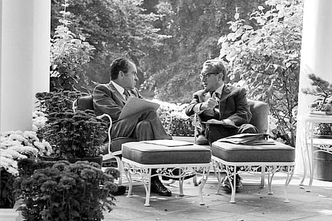 FILE - US President Richard Nixon (L), left, speaks with his national security adviser Henry Kissinger at the White House in September 1972. (Photo | AP)