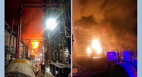 Flame billows out after a fire broke out at a chemical plant after an explosion in a storage tank, injuring 24 workers, in Gujarat's Surat, Wednesday, Nov. 29, 2023. (PTI)