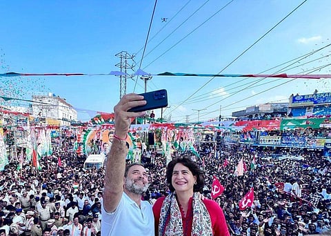 Congress leaders Rahul Gandhi and Priyanka Gandhi at a pre-election roadshow in Telangana (Photo | Express)