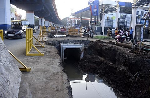 Pre-constructed (pre-cast) concrete channels used for stormwater channel works on the Trichy road in Coimbatore. (Photo | S Senbagapandiyan)