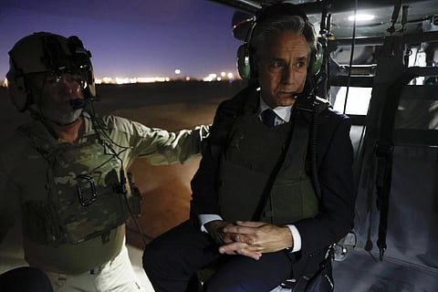 U.S. Secretary of State Antony Blinken departs the International Zone via helicopter after meeting Iraqi Prime Minister Mohammed Shia al-Sudani in Baghdad, Iraq, on Nov. 5, 2023. (AP)