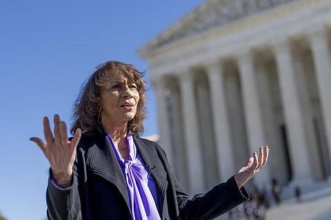 Ruth Glenn, a domestic violence survivor, discusses a case before the Supreme Court that is focused on a law aiming to keep guns out of the hands of abusers, in Washington, on Oct. 23, 2023. (AP)