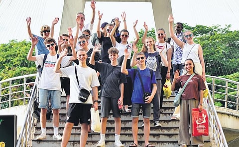 The German school students, who are on a visit to a school at Muppathadam in Aluva, at Marine Drive on Monday | A Sanesh