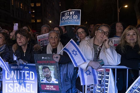 Pro-Israel supporters attend a rally and vigil marking 30 days since Hamas launched its attack on Israel in New York. (Photo | AP)