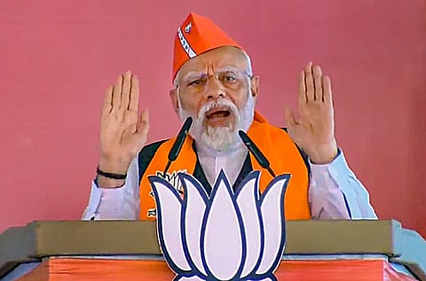 Prime Minister Narendra Modi addresses during a public meeting ahead of Madhya Pradesh Assembly elections, in Sidhi, on Tuesday, Nov. 7, 2023. (Photo | PTI)