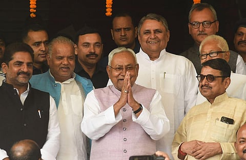 Bihar Chief Minister Nitish Kumar arrives to attend the Winter session of the State Assembly, in Patna, Monday, Nov. 6, 2023. (Photo | PTI)