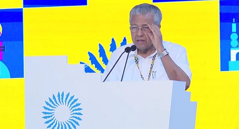 Kerala Chief Minister Pinarayi Vijayan speaking after inaugurating the concluding ceremony of the 'Keraleeyam' 2023.(Photo | Screengrab)