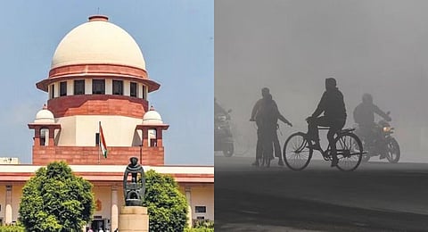 Collage of Image of Supreme Court and smog in Delhi