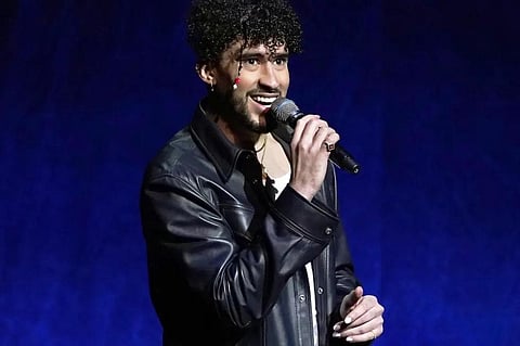 Bad Bunny speaks at the Sony Picttures Entertainment presentation at CinemaCon 2022 in Las Vegas on April 25, 2022. (Photo | AP)