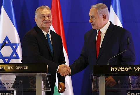 FILE - Hungarian Prime Minister Viktor Orbán and Israeli Prime Minister Benjamin Netanyahu attend a press conference after their meeting in Jerusalem , Tuesday, Feb 19, 2019. (Photo | AP)
