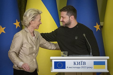 Ukrainian President Volodymyr Zelenskyy and European Commission President Ursula von der Leyen attend a press conference in Kyiv (Photo | AP)