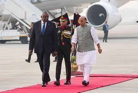 Defence Minister Rajnath Singh welcomes United States Secretary of Defense Lloyd Austin (L) upon his arrival at the AFS Palam, in New Delhi, Thursday, Nov. 9, 2023. (Photo | PTI)