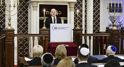 German Chancellor Olaf Scholz speaks at the commemoration ceremony for the 85th anniversary of the Night of Broken Glass. Nov. 9, 2023 .(Photo | AFP)