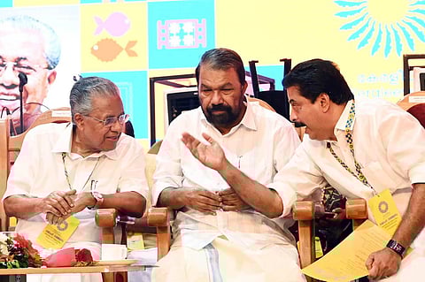 CM Pinarayi Vijayan talking to Water Resources Minister Roshy Augustine during the valedictory ceremony of Keraleeyam. General Education Minister  V Sivankutty is also seen.