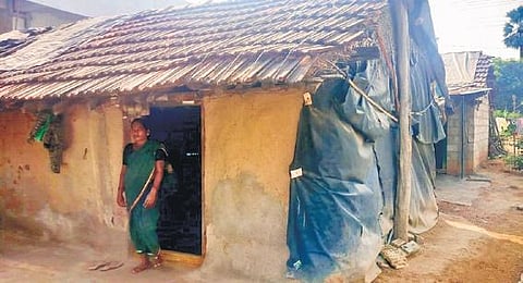 A plastic sheet serves as a wall of the house of Shivarati Sammaiah in Dimmadurthi village of Nirmal segment. The house was damaged by floodwaters from Kadam reservoir.