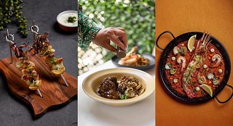 Calamari skewer, Lamb bourguignon, Lobster paella