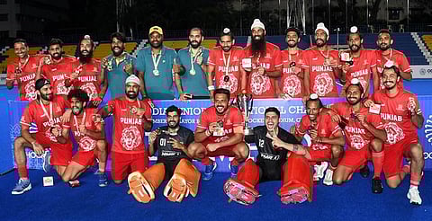 Pathak (R) celebrating winning the final with captain Harmanpreet Singh. (Photo | D Sampathkumar, EPS)