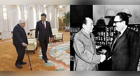 FILE - A collage of former US Secretary of State Henry Kissinger meeting with - (L) Chinese President Xi Jinping in 2018; and with Chairman Mao Zedong in 1973. (Photo | AP)